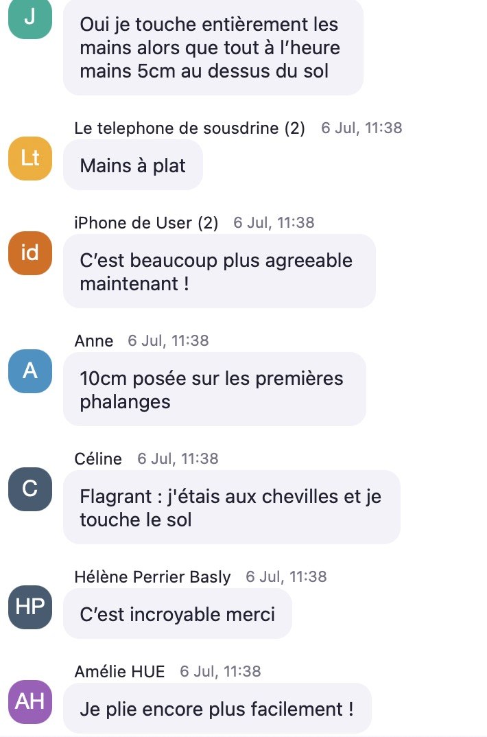 Messages de participantes rapportant les centimètres gagnés pendant la séance